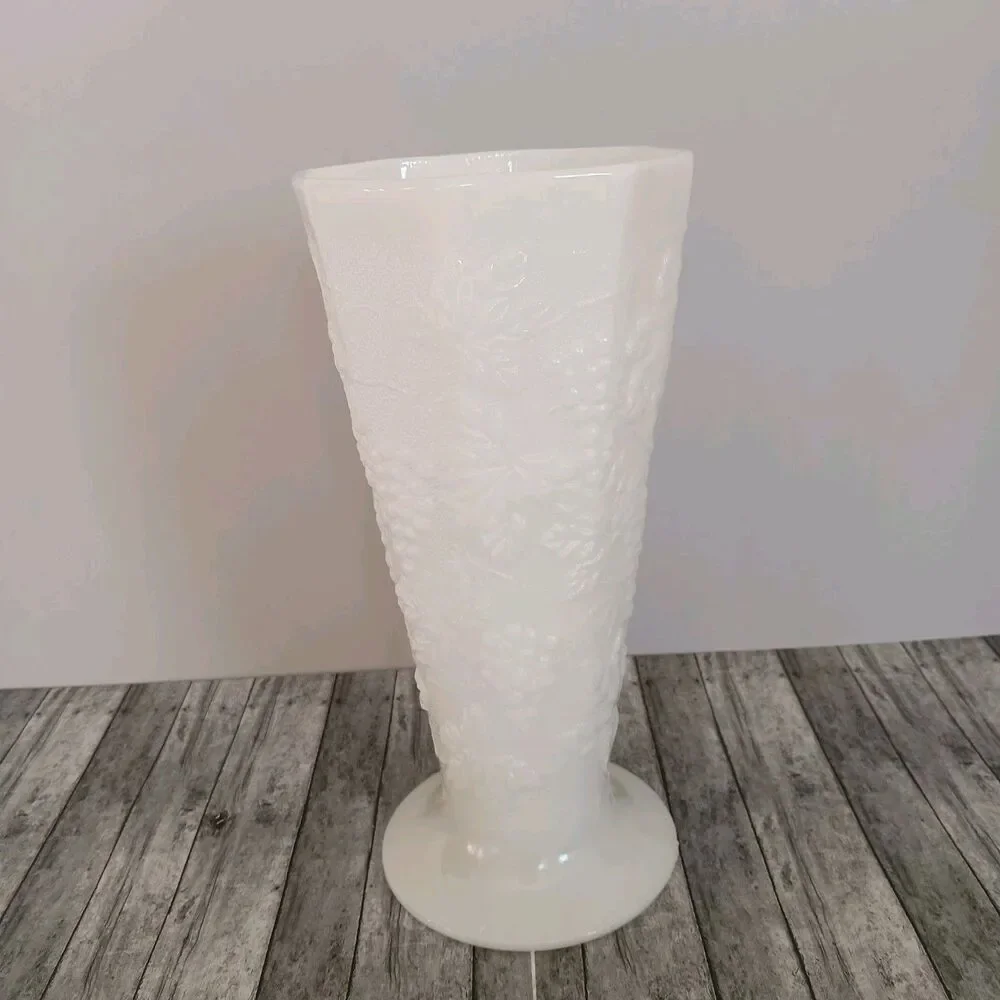 Vintage Milk Glass Paneled Grape Footed Vase 10